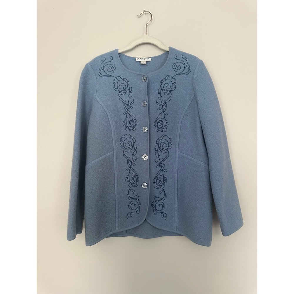 Pendleton Petite Blue 100% Merino Wool Embroidered Button Front Cardigan Large